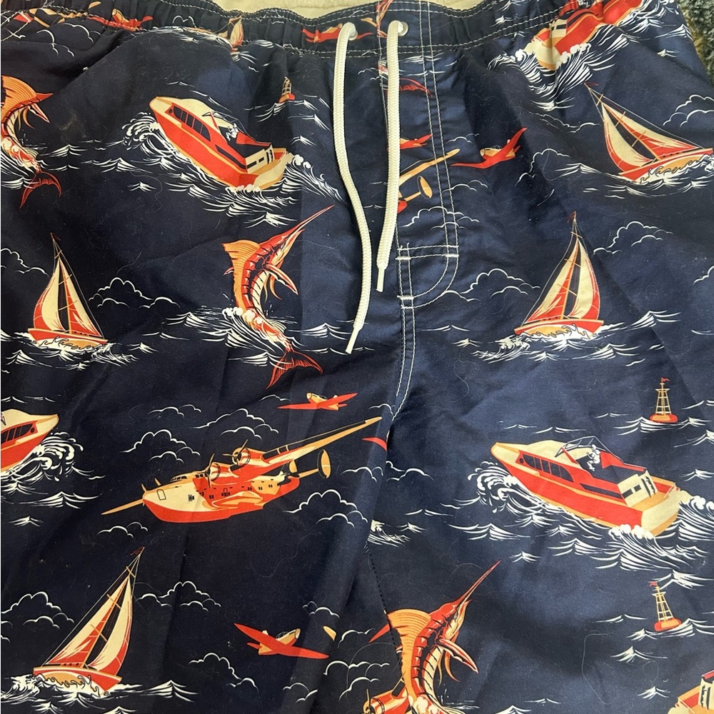 Navy Nautical Print Swim Trunks with Orange Boats